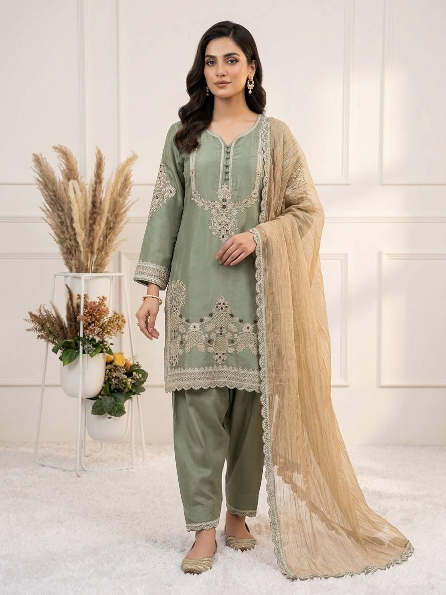 Designer Sage Green Glass Satin Kurta Set with Dupatta | Embroidered Indian Wedding Party Wear