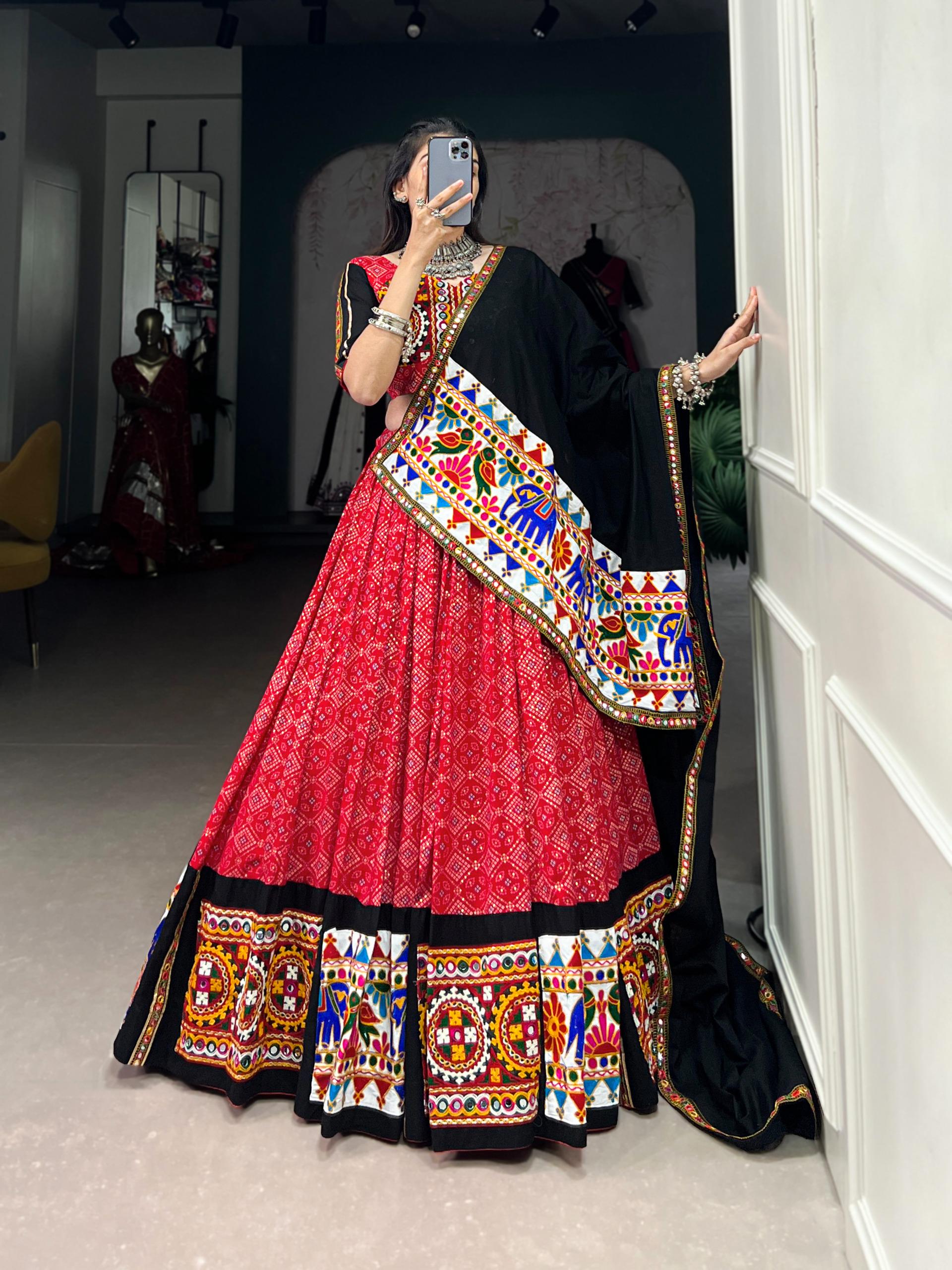 Mustard Yellow Cotton Lehenga Choli Set | Gamthi Work, Mirror Lace Ghagra Choli
