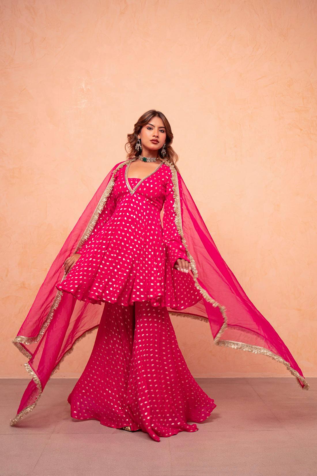 Royal Pink Jacquard Chanderi Silk Kurti Sharara Suit with Real Mirror Work, Net Dupatta
