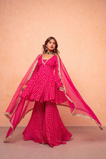 Royal Pink Jacquard Chanderi Silk Kurti Sharara Suit with Real Mirror Work, Net Dupatta