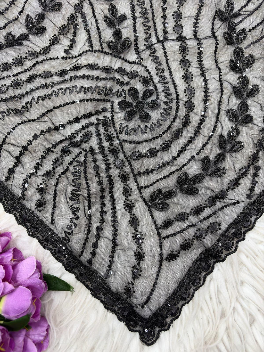 White & Black Soft Net Saree with Beadwork & Cutwork Border