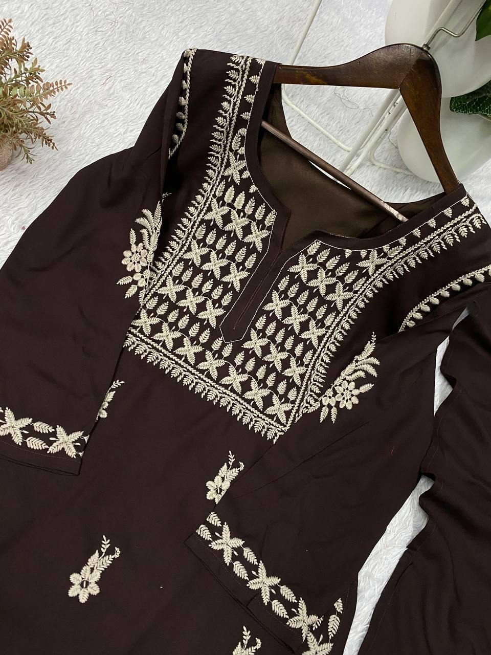 Embroidered Brown Rayon Kurta Salwar Set with Dupatta | Festive Party Wear