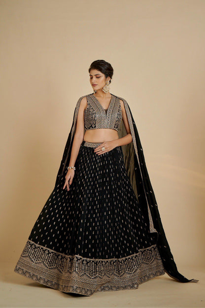 Designer Black Georgette Lehenga Choli: Zari Embroidery Sequins Work (Made To Order)