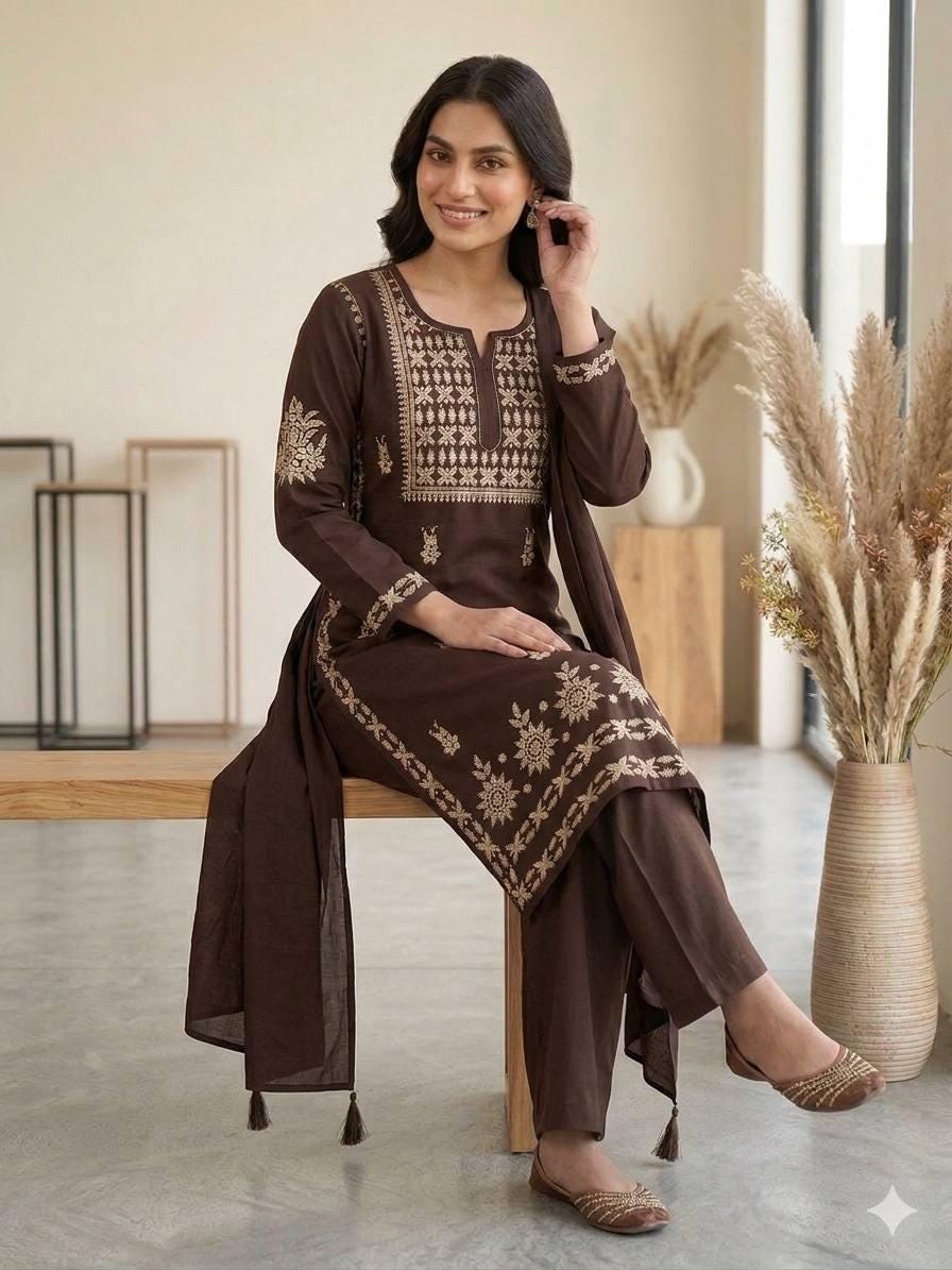 Embroidered Brown Rayon Kurta Salwar Set with Dupatta | Festive Party Wear