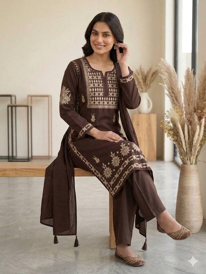 Embroidered Brown Rayon Kurta Salwar Set with Dupatta | Festive Party Wear