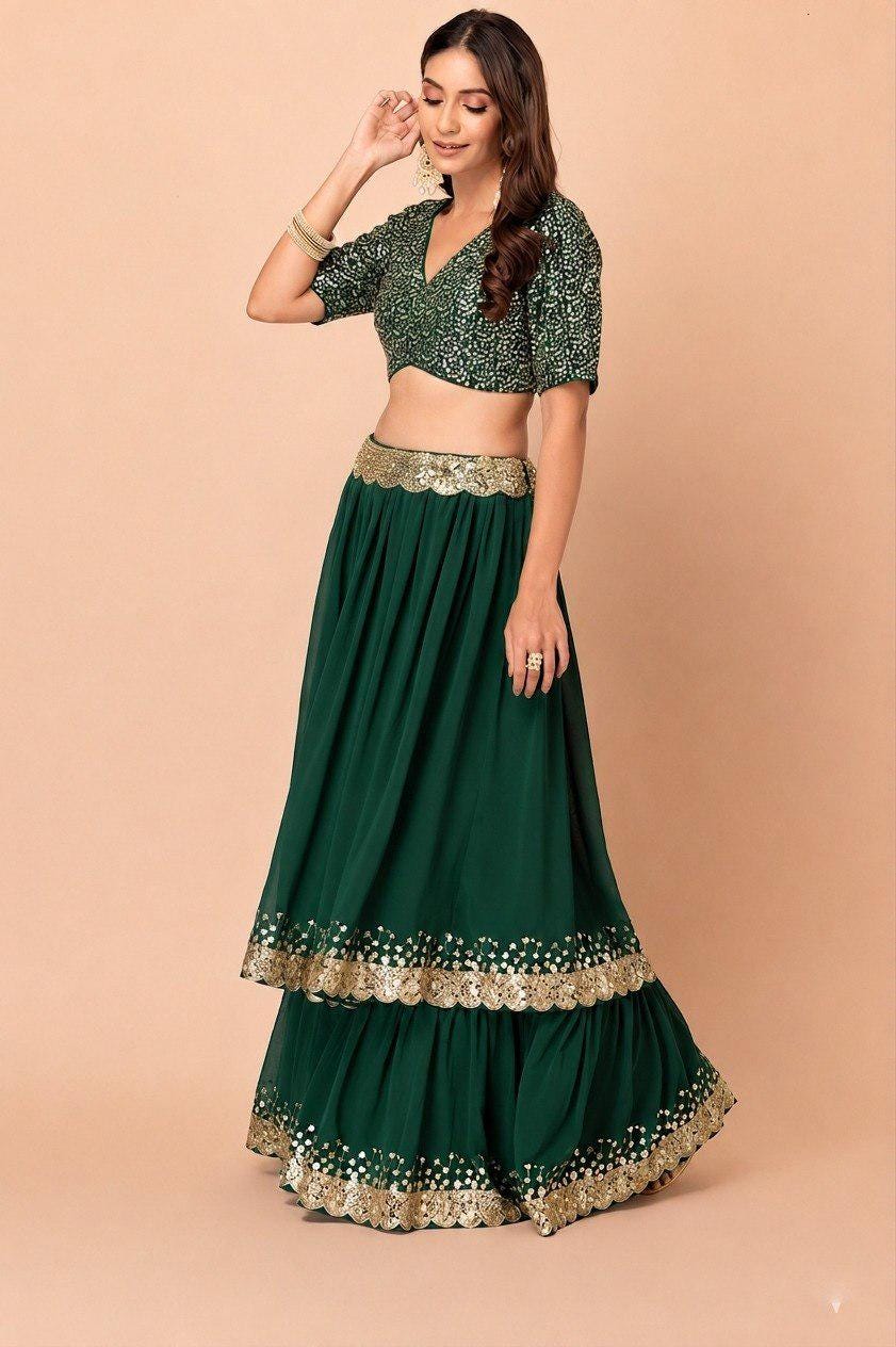 Designer Indian Wedding Lehenga Choli: Dark Green Georgette Embroidery Sequins Work (Made To Order)