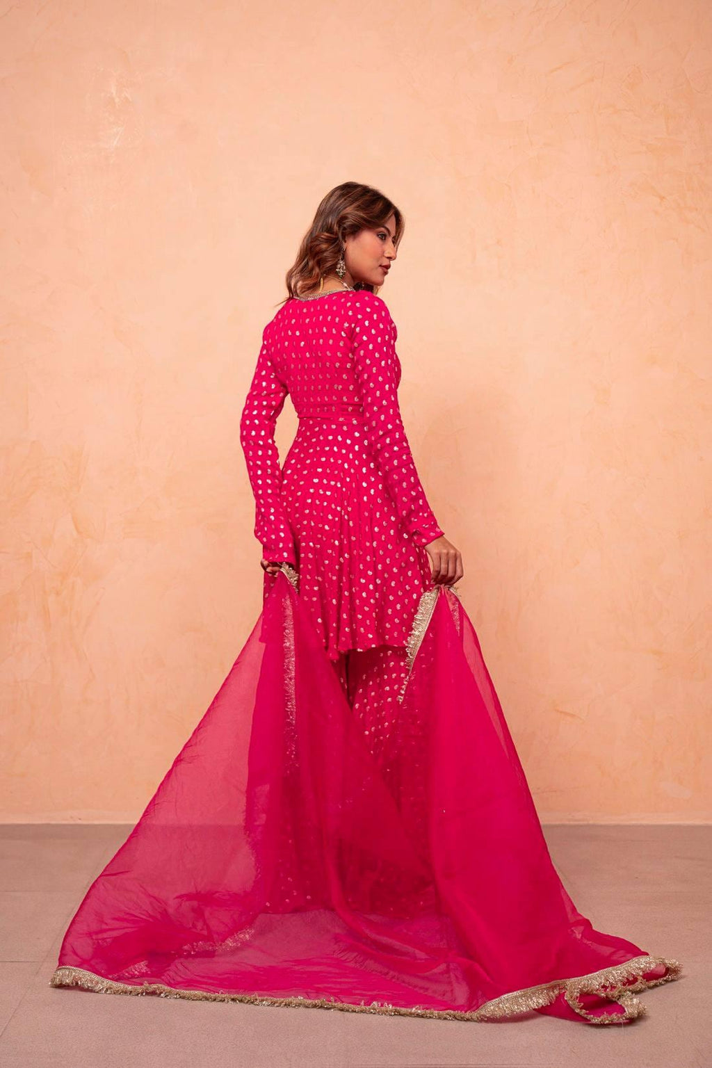 Royal Pink Jacquard Chanderi Silk Kurti Sharara Suit with Real Mirror Work, Net Dupatta