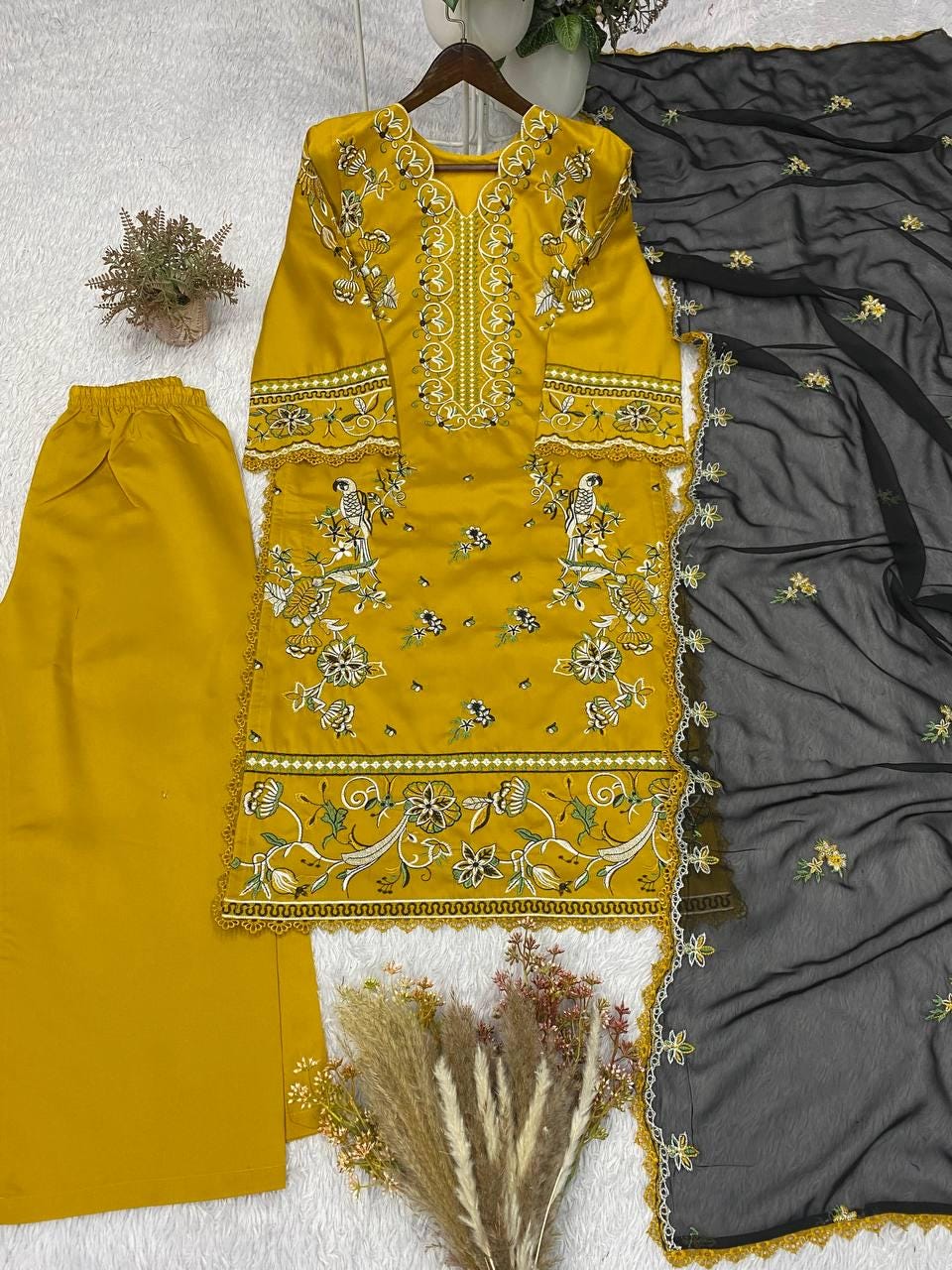 Designer Roman Silk Yellow Salwar Set with Dupatta | Embroidered Wedding Party Wear
