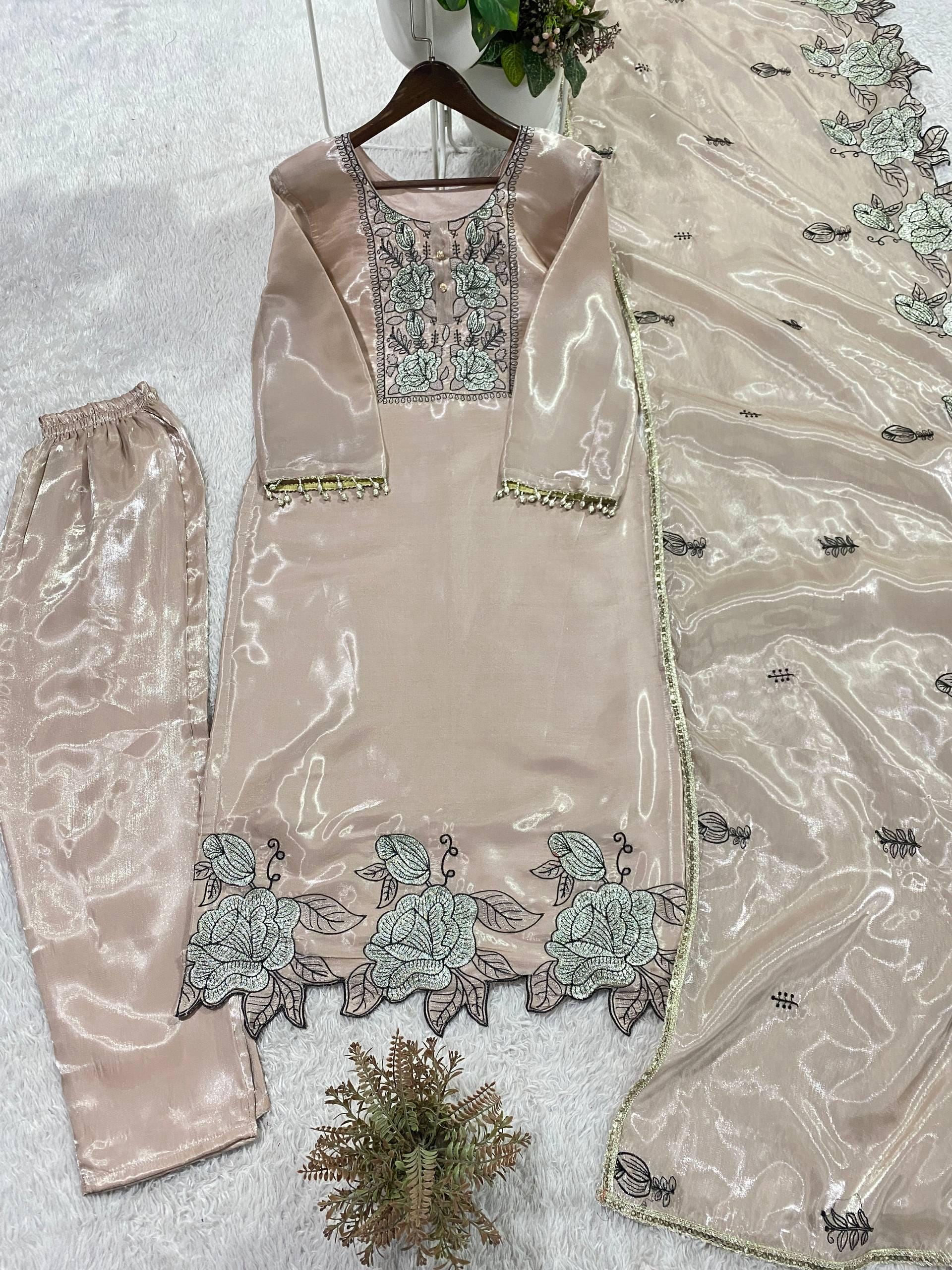 Designer Jimmy Choo Silk Embroidered Suit Set with Dupatta | Indian Wedding Guest Dress