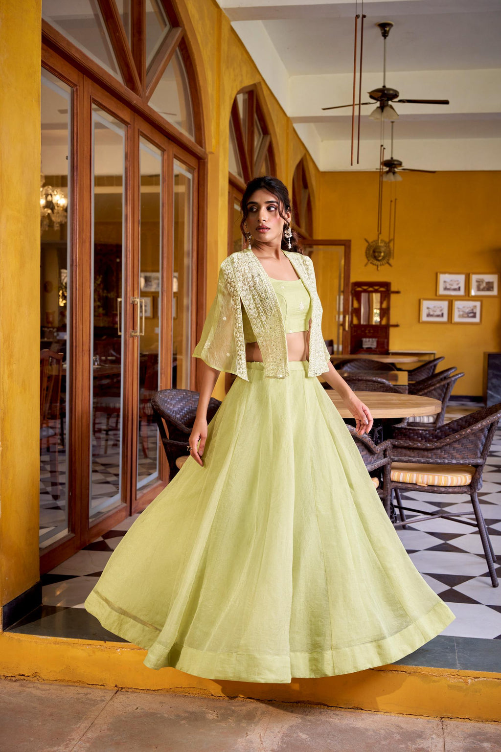 3-Piece Lehenga Choli with Koti Jacket & Sequin Embroidery