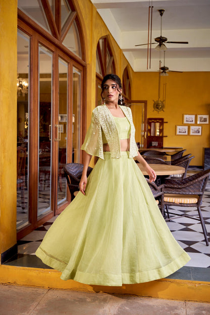 3-Piece Lehenga Choli with Koti Jacket & Sequin Embroidery