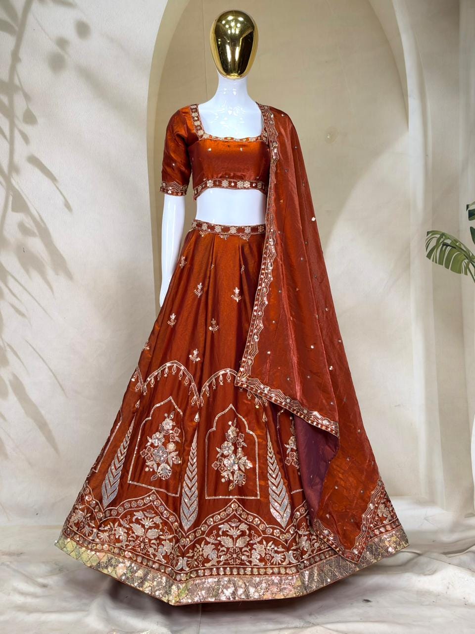 Orange Embroidered Lehenga Choli Set, Fandy Silk Lehenga Dupatta, Wedding Wear Gift For Women