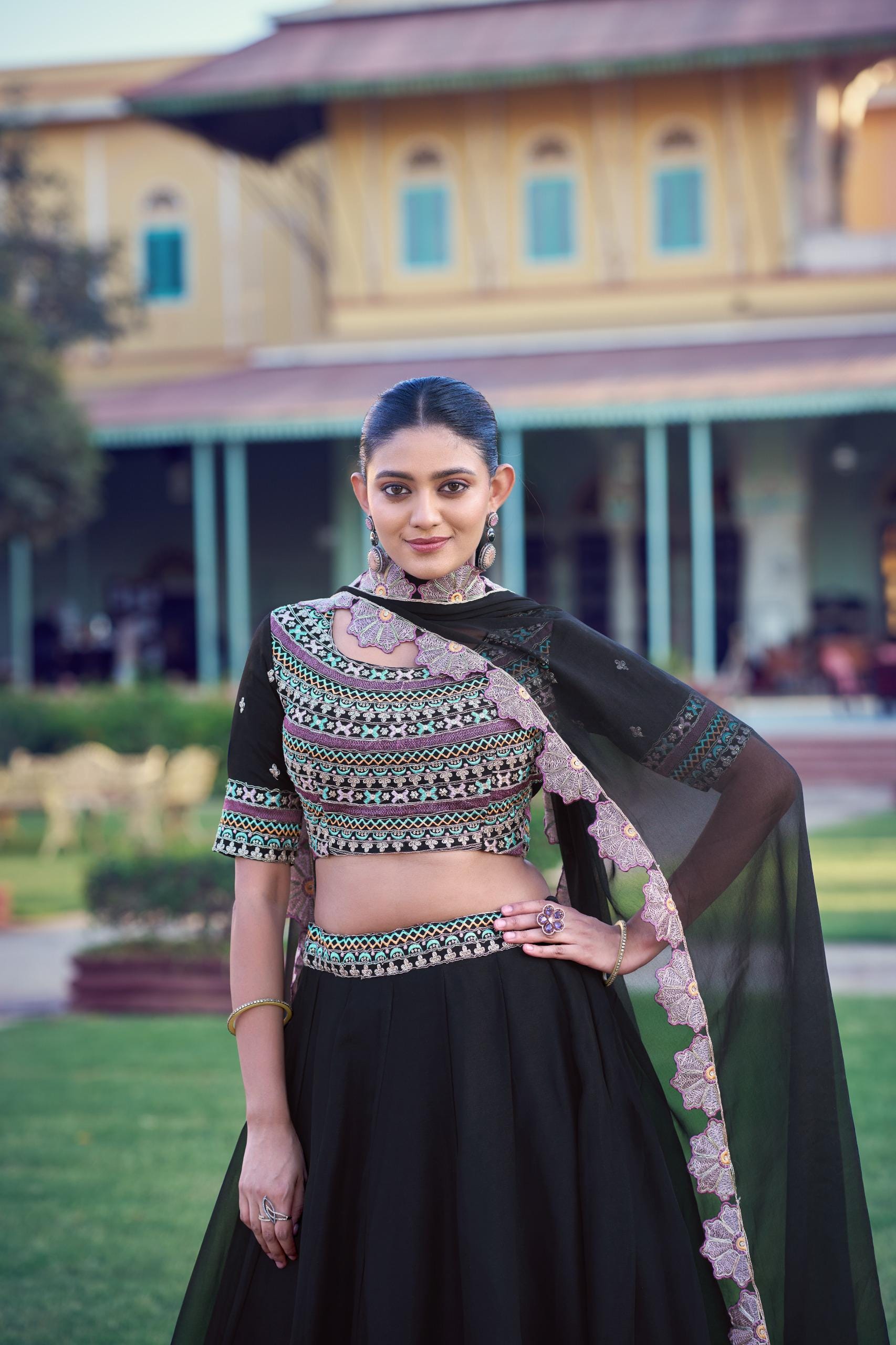 Black Georgette Lehenga Choli Set, Thread Sequins Embroidery, Floral Dupatta