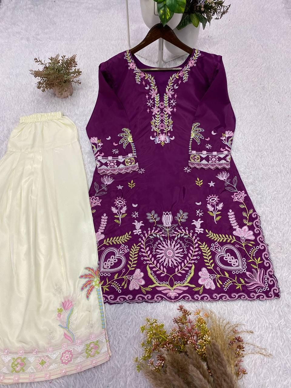Designer French Crape Embroidered Kurti Salwaar Set | Purple Off-White Ethnic Dress