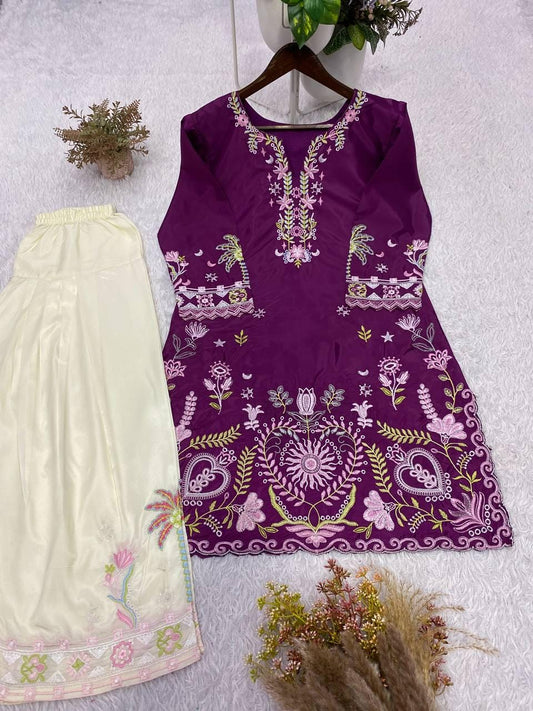 Designer French Crape Embroidered Kurti Salwaar Set | Purple Off-White Ethnic Dress
