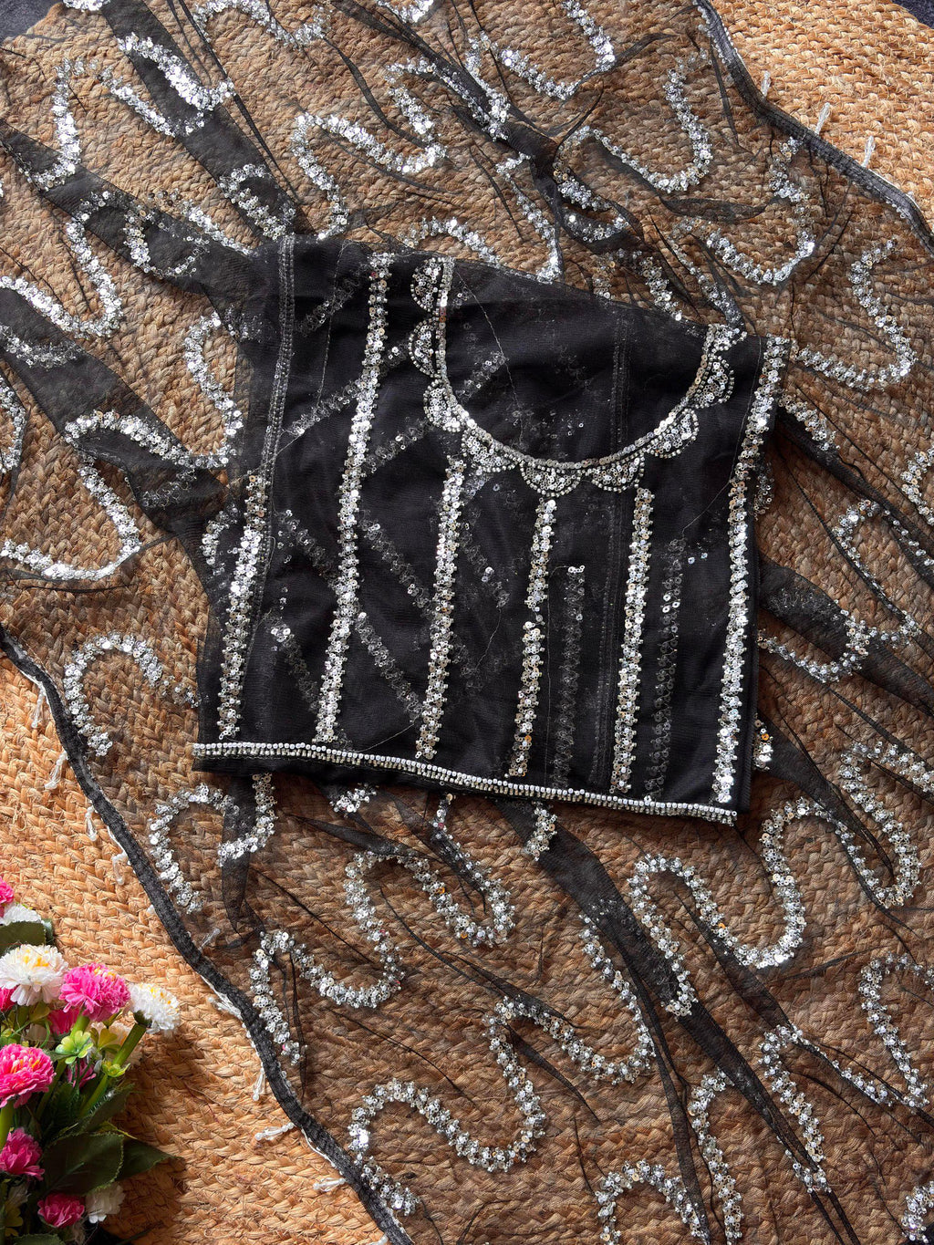 White Soft Net Saree with Beadwork & Cutwork Border