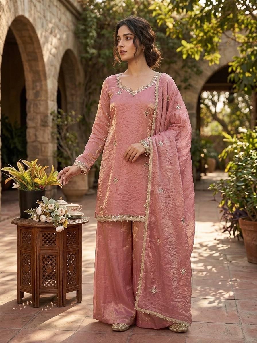 Designer Fendy Silk Sharara Suit Set: Rosy Pink Embroidery, Real Mirror Work Festive Wear