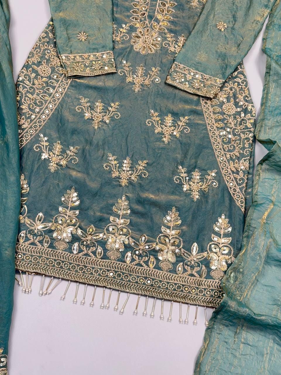 Designer Dusty Green Silk Embroidered Salwar Set with Dupatta | Wedding Party Wear
