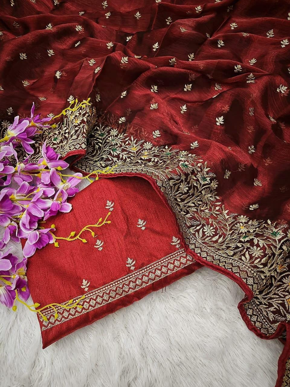 Maroon Georgette Saree with Embroidery & Sequin Work