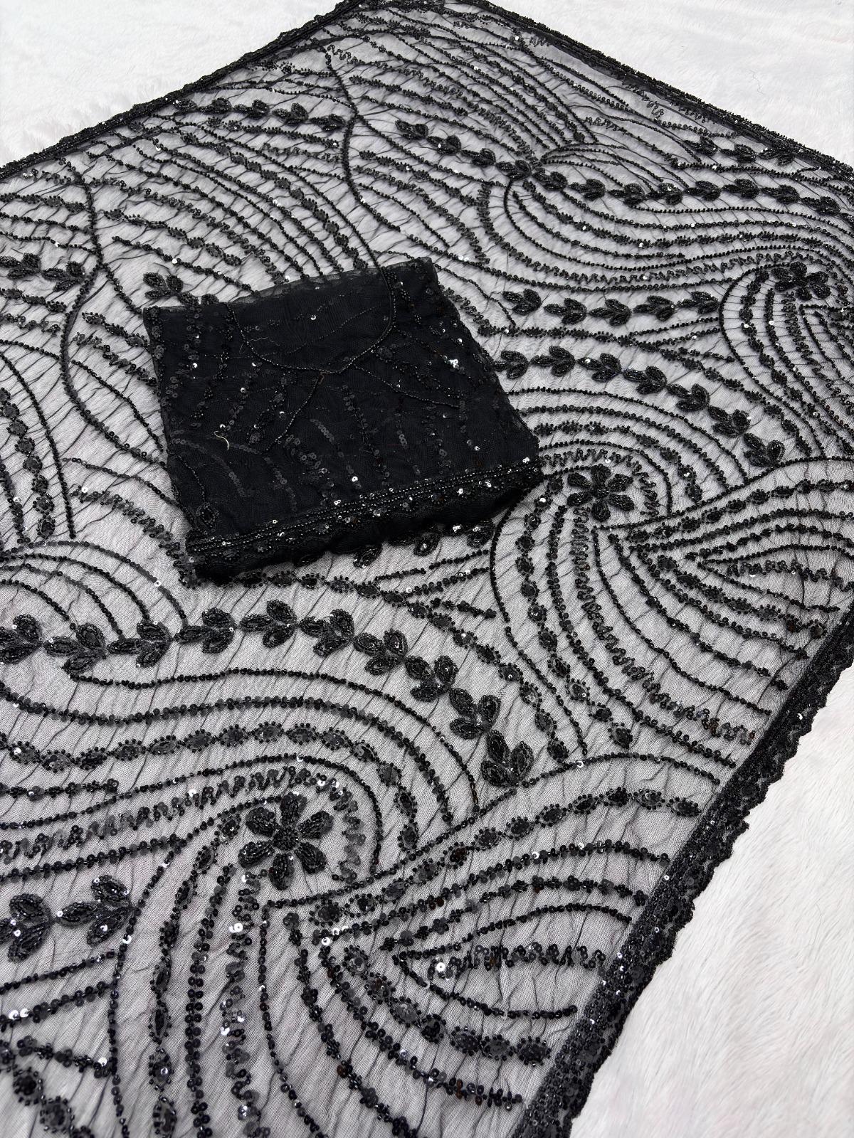 White & Black Soft Net Saree with Beadwork & Cutwork Border