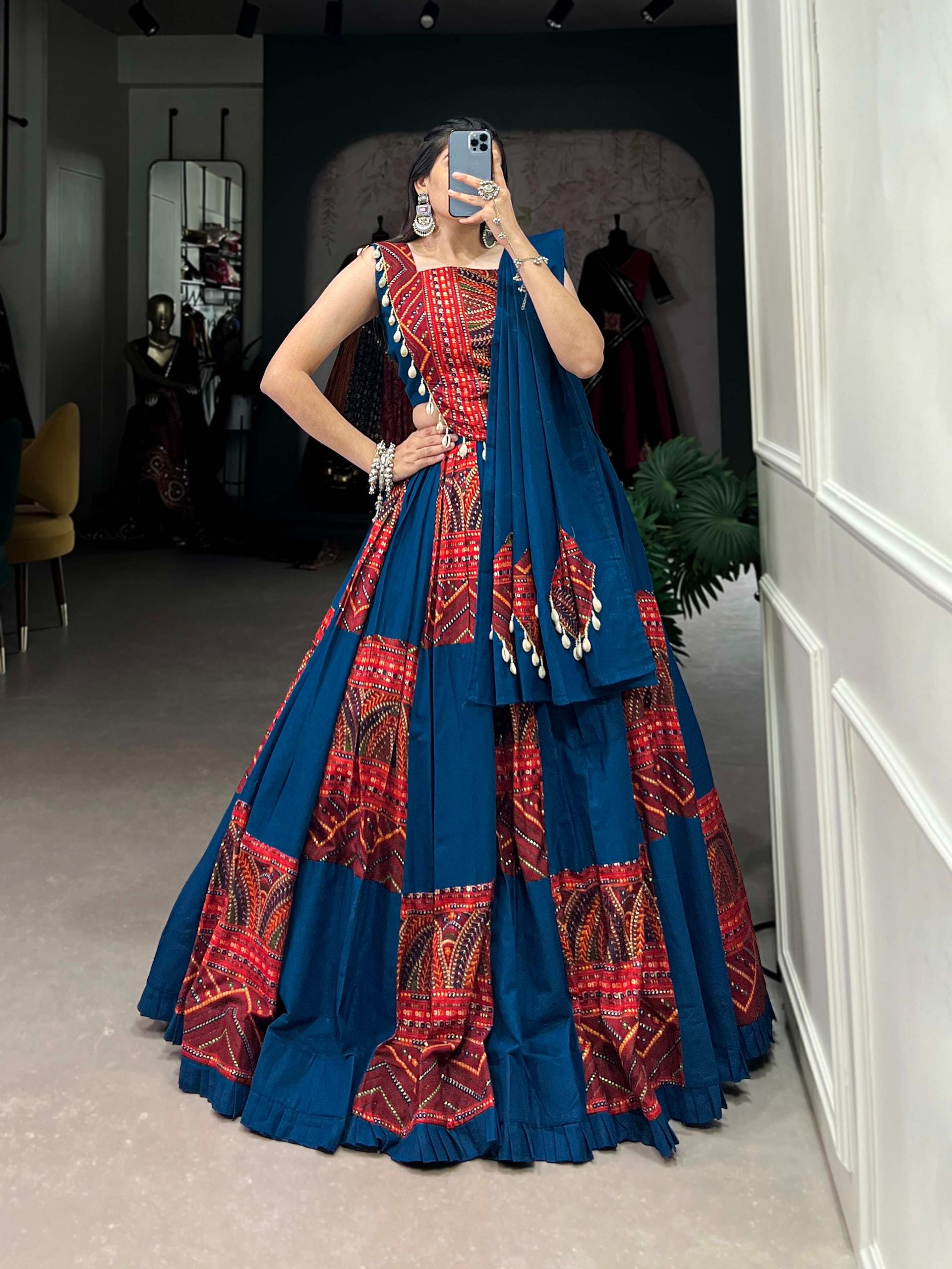 Pure Cotton Blue Lehenga Choli Set: Foil Work, Cowrie Lace Embellishments