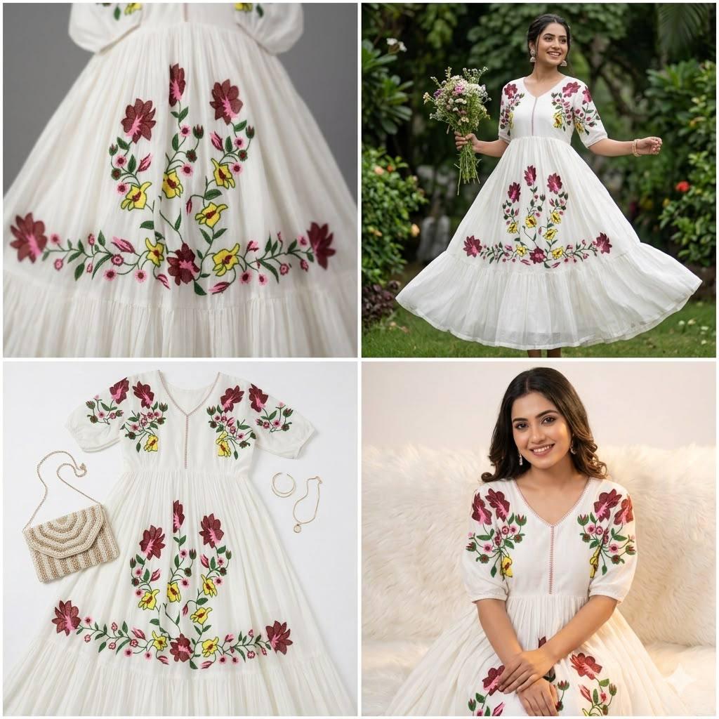 Trendy Rayon Embroidered Maxi Gown | Summer Friendly Long Flare Dress | Fully Stitched Boho Ethnic Anarkali Gown For Women Party Wear