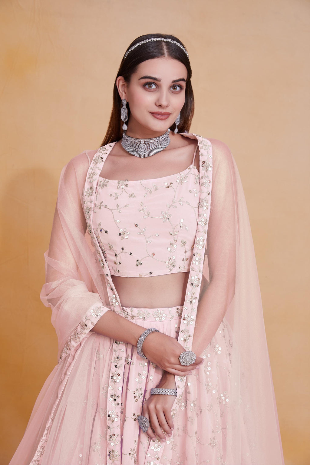 Designer Indian Wedding Lehenga Choli: Pink Georgette Embroidery Stitched Blouse