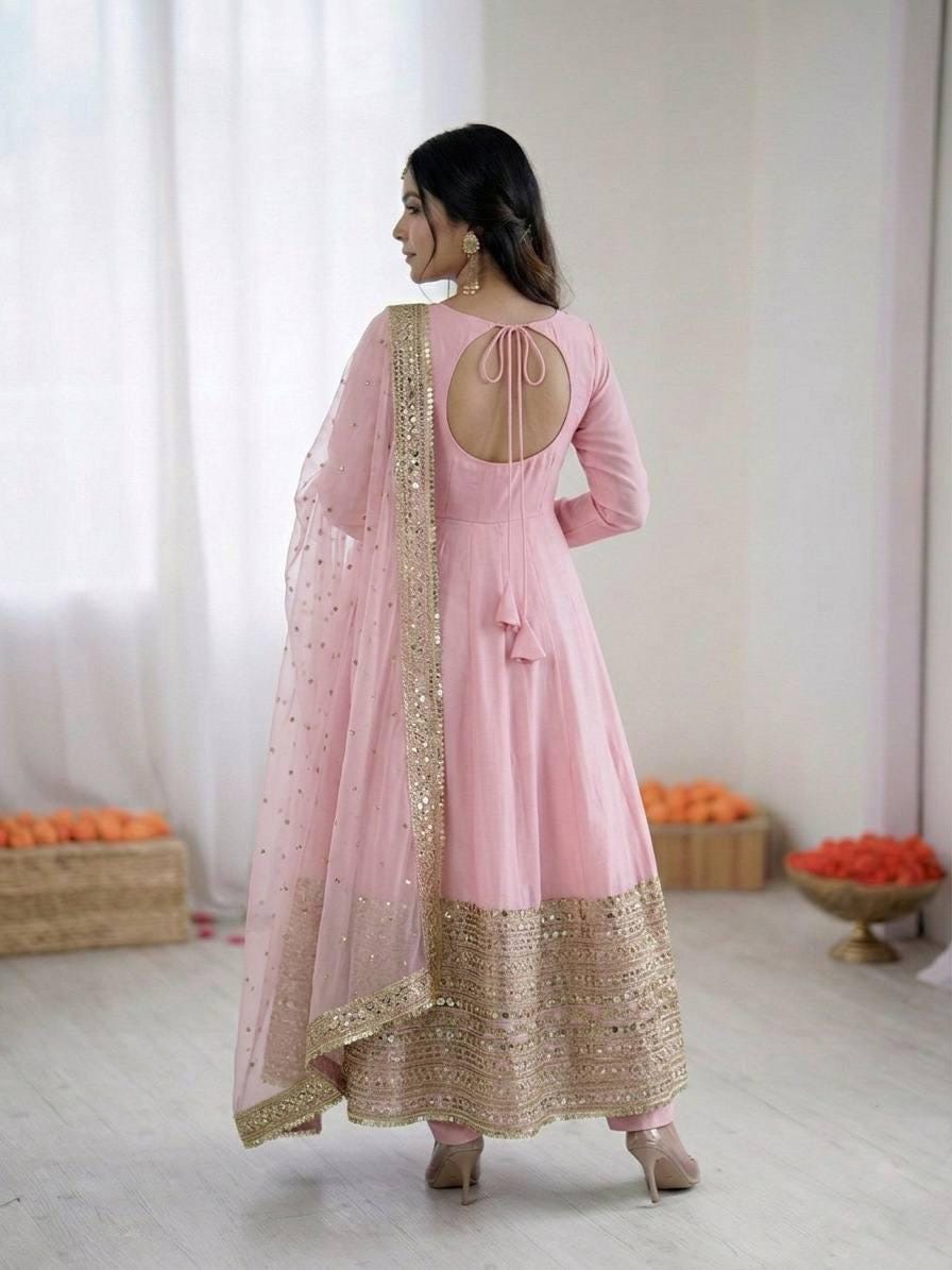 White Georgette Aliya Cut Gown with Dupatta – Embroidered Party Wear Ensemble