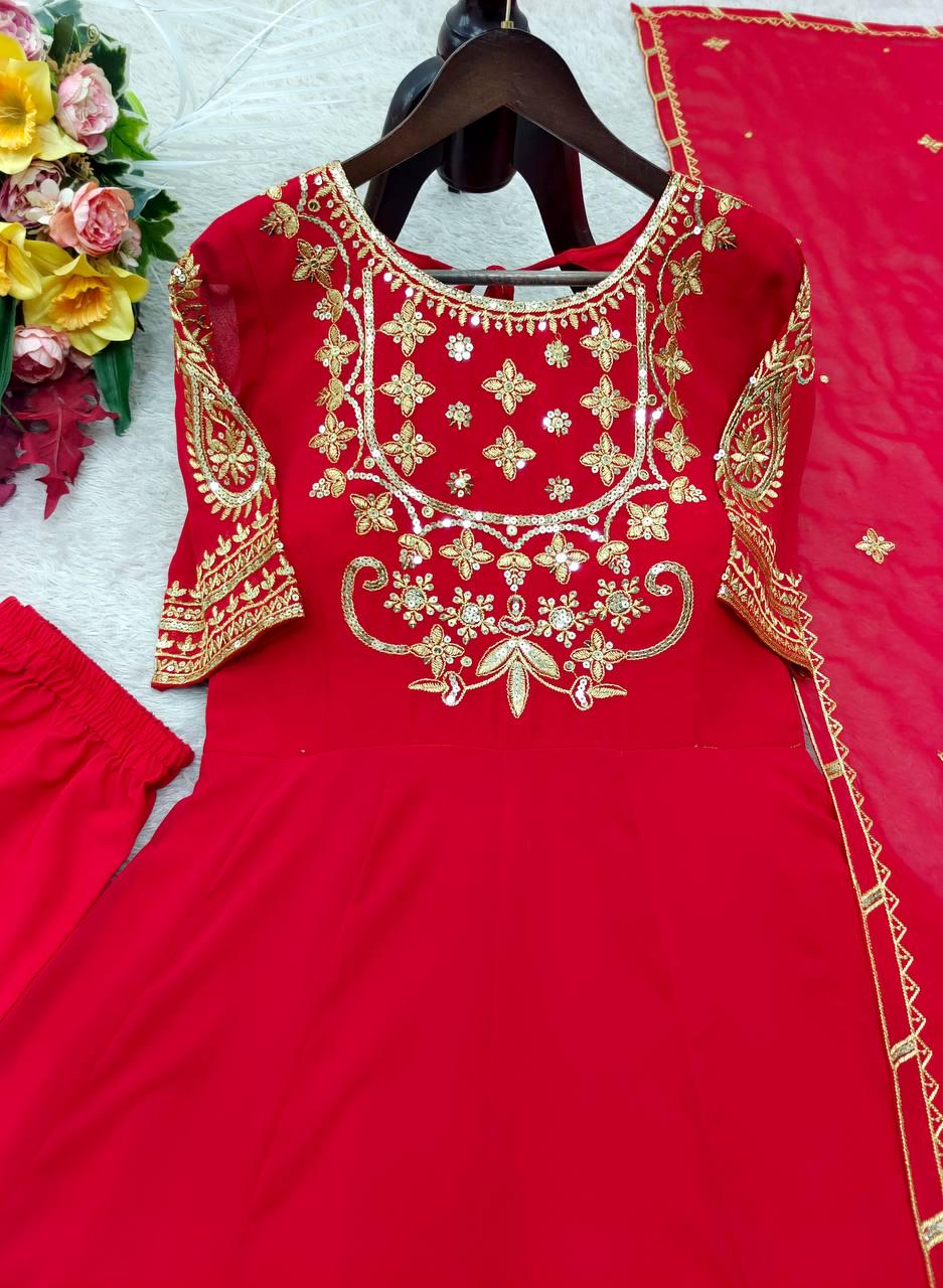 Pure Red Fox Georgette 5mm Sequence Embroidery Gown Pant Set | Stitched Anarkali Suit | Indian Wedding Party Wear Dress for Women