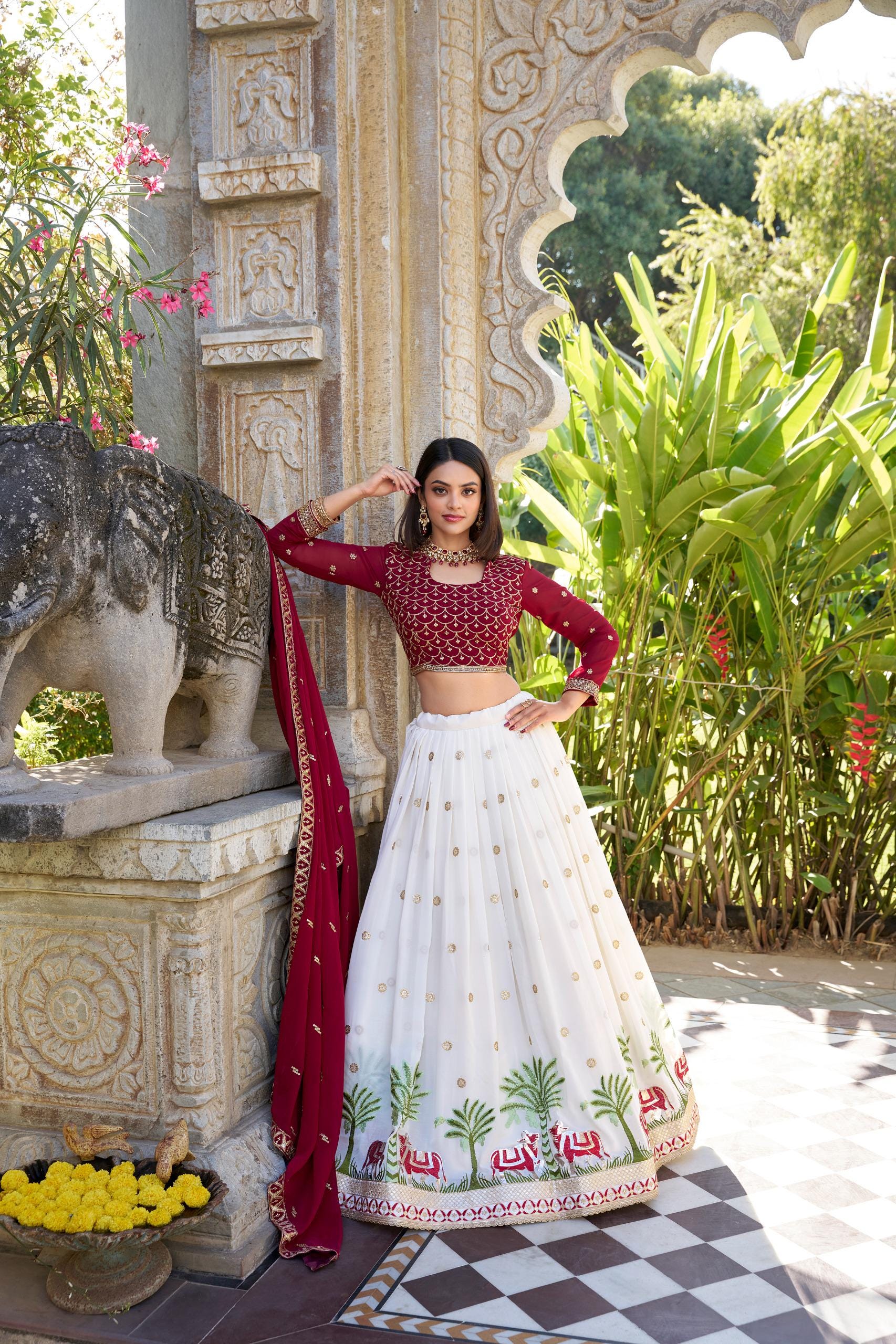 White Georgette Lehenga Choli Set | Sequins Embroidery Work, Festive Occasion Dress