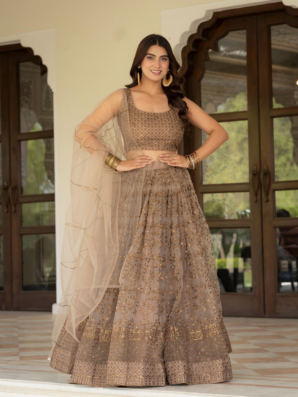 Muted Beige Net Lehenga Choli Set: Zari Sequence Embroidery Indian Wedding Outfit