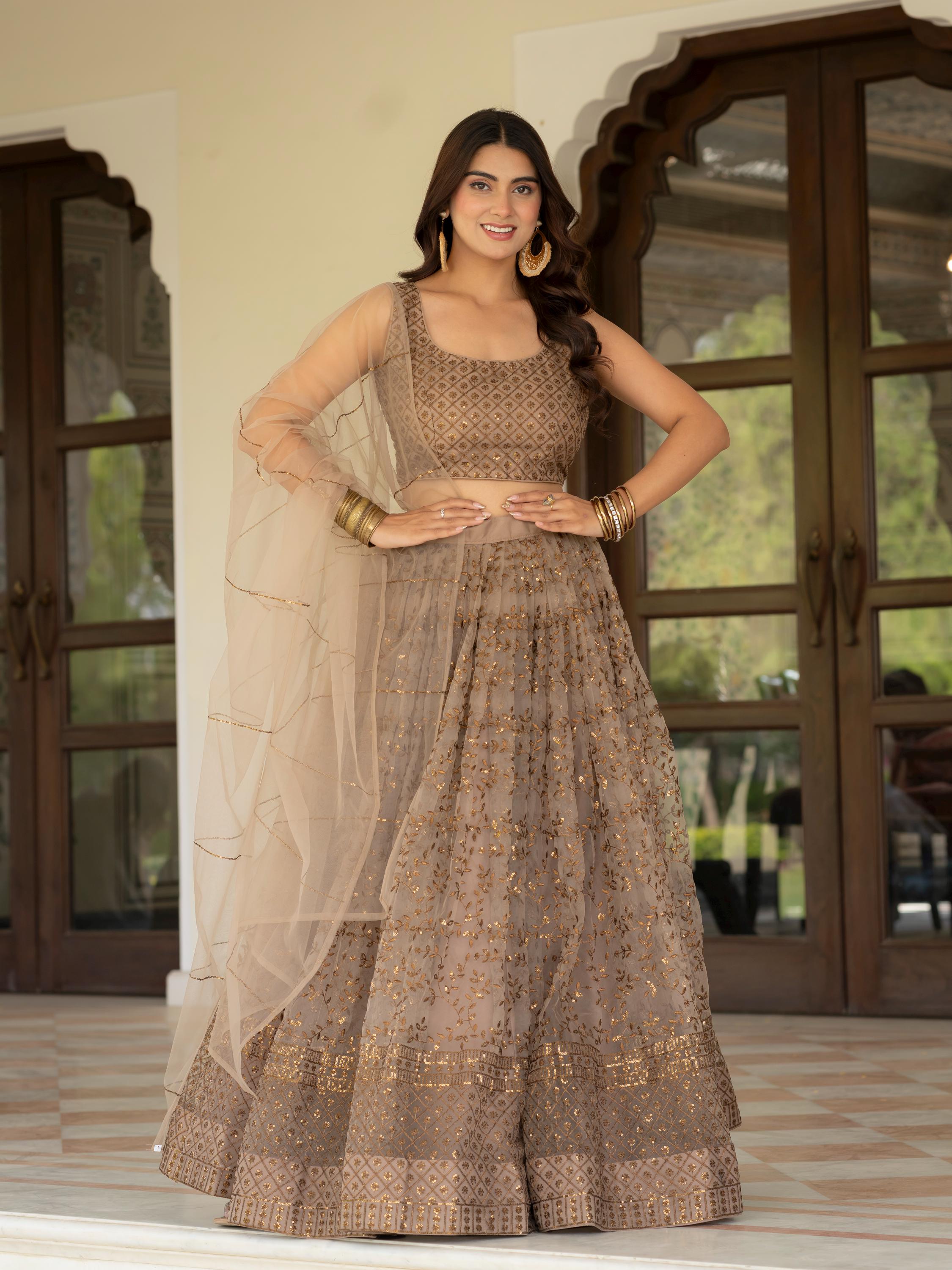 Muted Beige Net Lehenga Choli Set: Zari Sequence Embroidery Indian Wedding Outfit