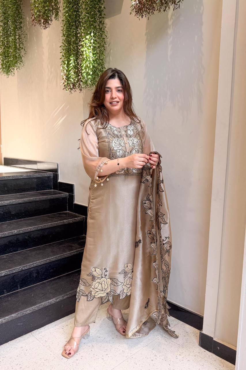 Designer Jimmy Choo Silk Embroidered Suit Set with Dupatta | Indian Wedding Guest Dress