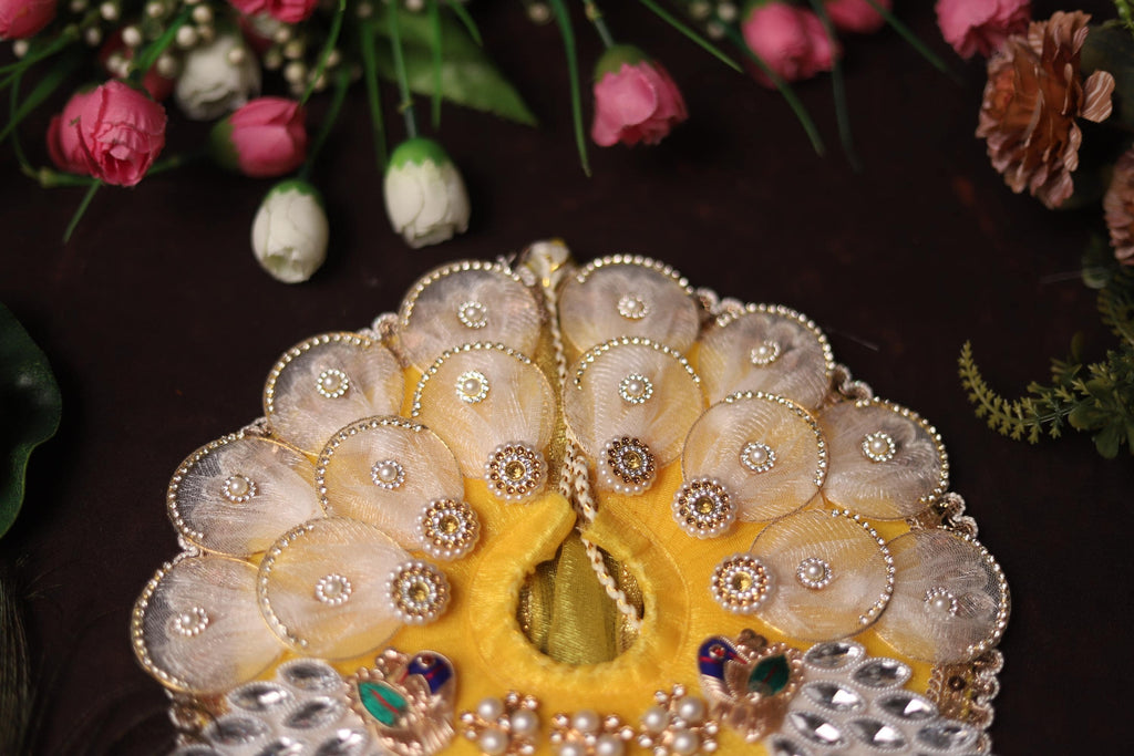 Handcrafted Kanha Ji Poshak with Elegant White Petals and Stone Work Embellishments Traditional Peacock Theme Laddu Gopal Dress