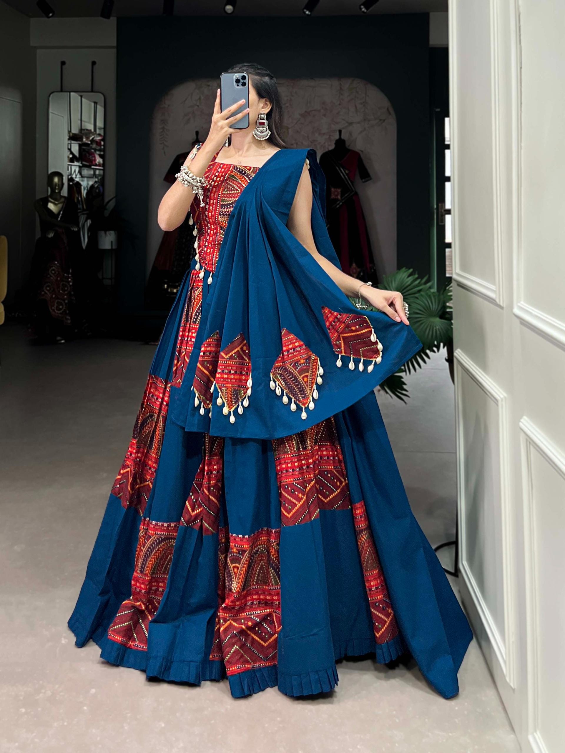 Pure Cotton Blue Lehenga Choli Set: Foil Work, Cowrie Lace Embellishments