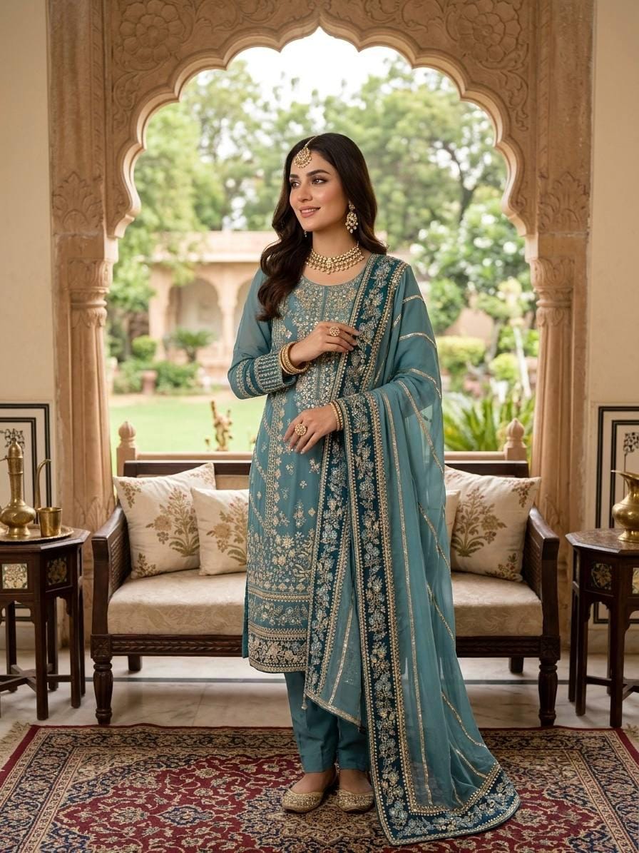 Teal Blue Fox Georgette Suit Set: Heavy Embroidery Sequence Work, Stitched Punjabi Salwar Kameez