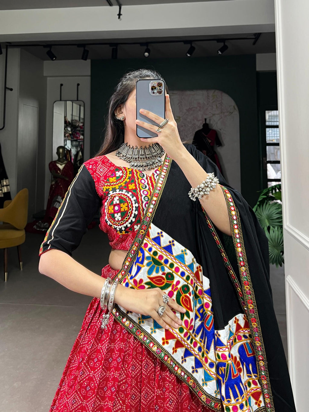 Mustard Yellow Cotton Lehenga Choli Set | Gamthi Work, Mirror Lace Ghagra Choli