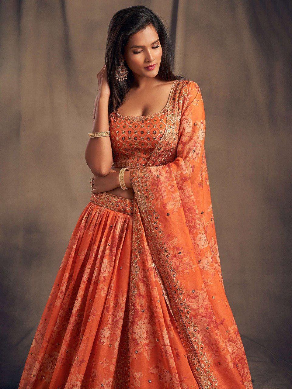 Dusty Rose Organza Lehenga Choli Set | Printed Embroidery Sequence Wedding Dress