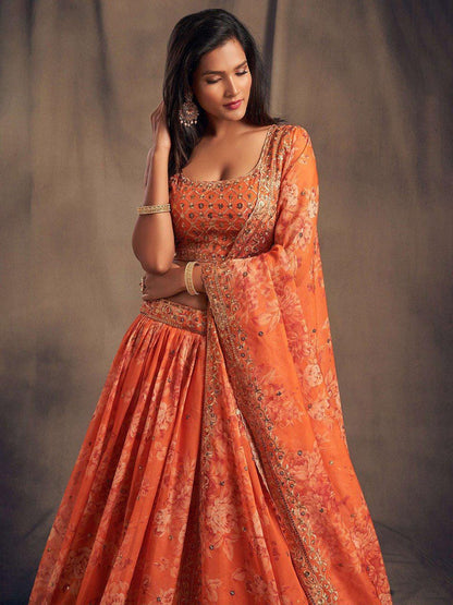 Dusty Rose Organza Lehenga Choli Set | Printed Embroidery Sequence Wedding Dress