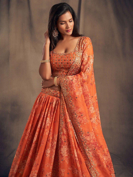 Dusty Rose Organza Lehenga Choli Set | Printed Embroidery Sequence Wedding Dress