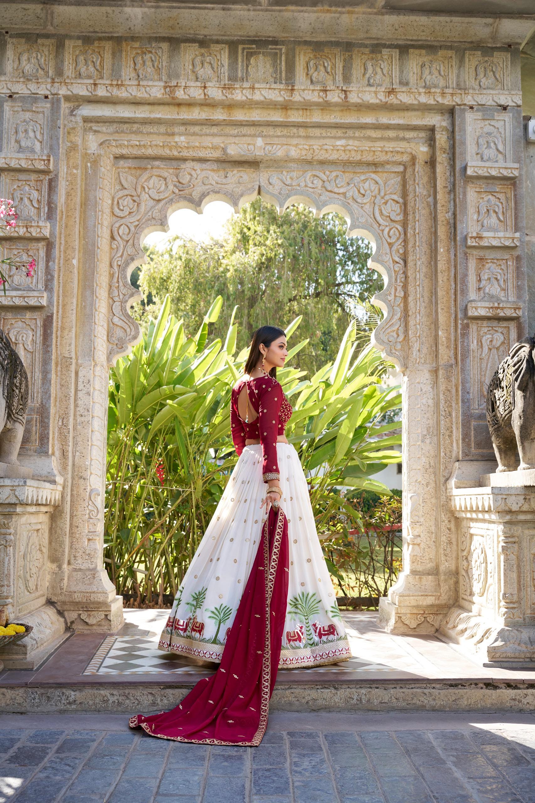 White Georgette Lehenga Choli Set | Sequins Embroidery Work, Festive Occasion Dress
