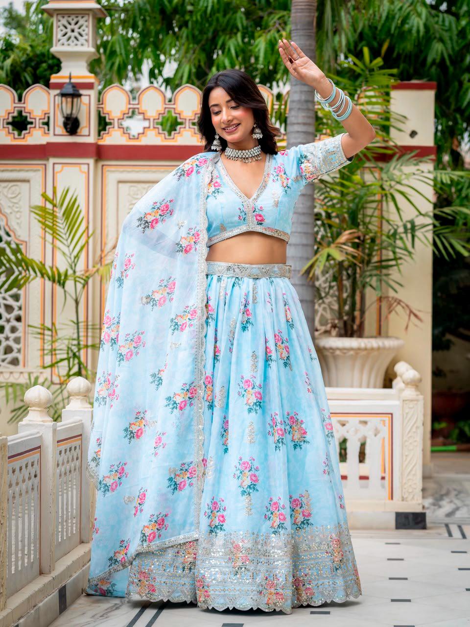 Designer Indian Wedding Lehenga Choli: Sky Blue Georgette Embroidery (Made To Order) Customize Size