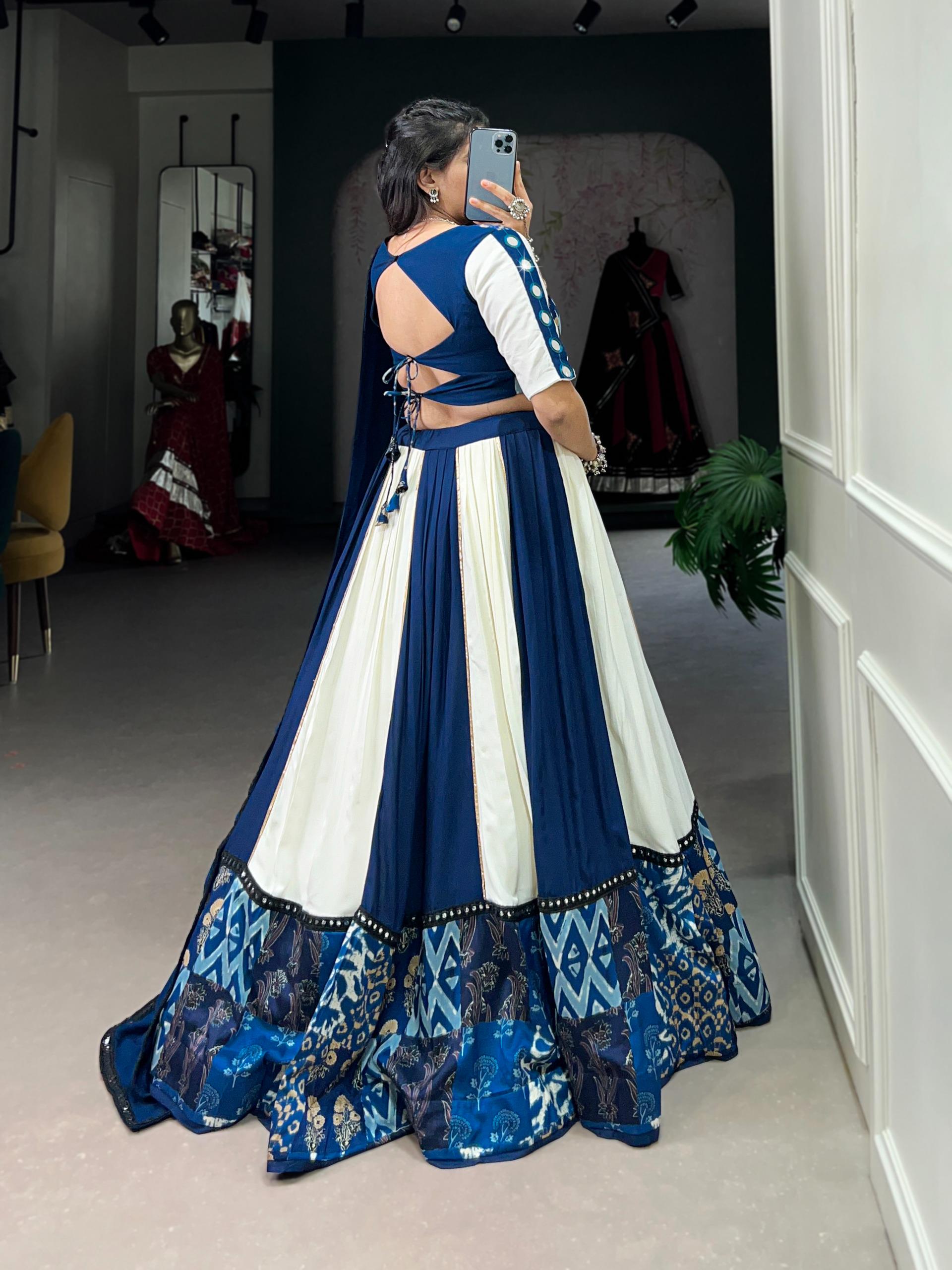 White Blue Mirror Work Lehenga Choli Set | Pure Rayon Dupatta Ensemble
