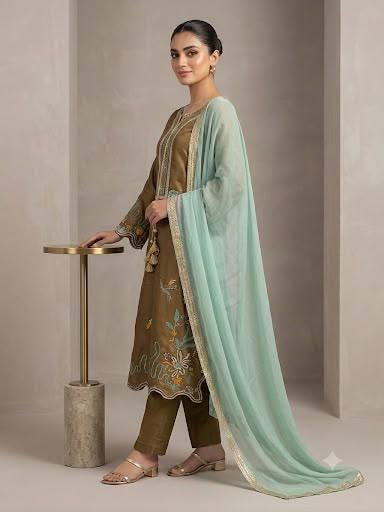 Glass Roman Embroidery Kurti Pant Set | Georgette Dupatta, Indian Wedding Wear