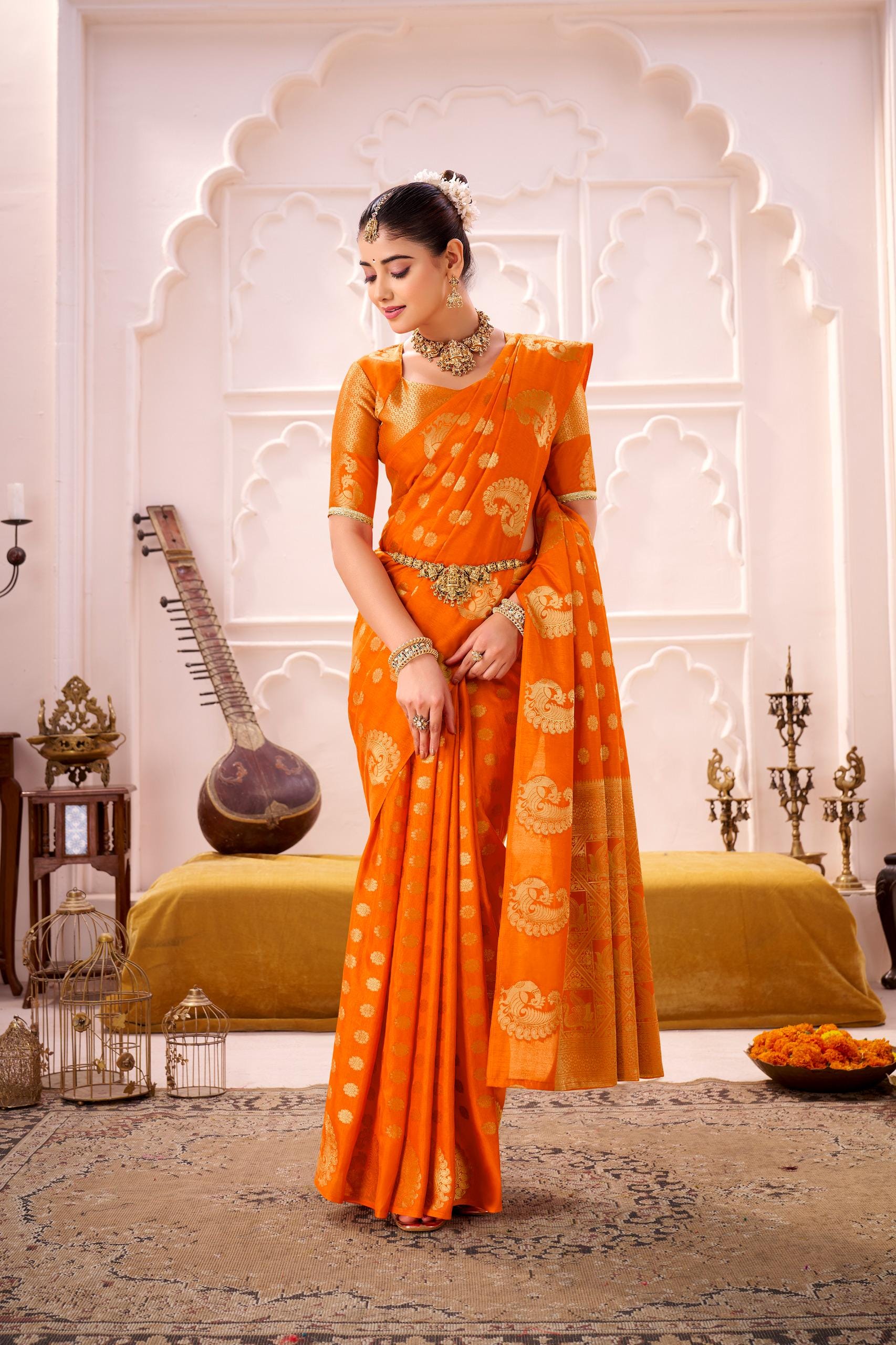 Firozi Green Pure Lichi Silk Saree — South Indian Style