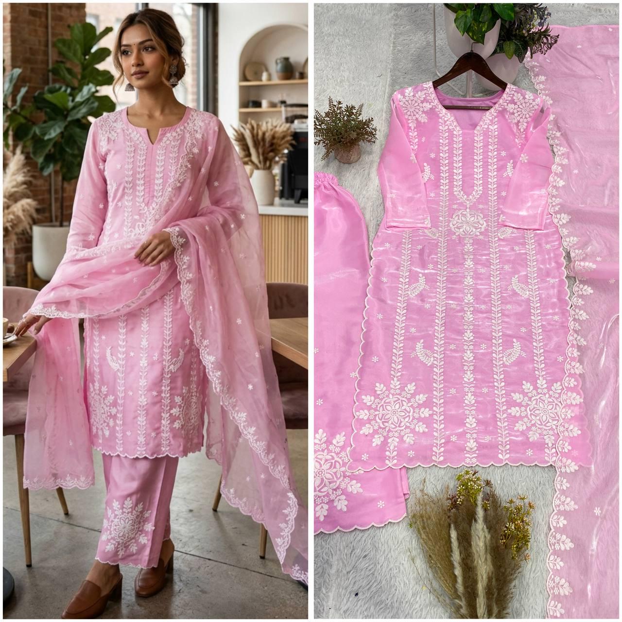 Pink Jimmy Choo Fabric Embroidered Kurta Salwar Set with Dupatta | Festive Indian Wear