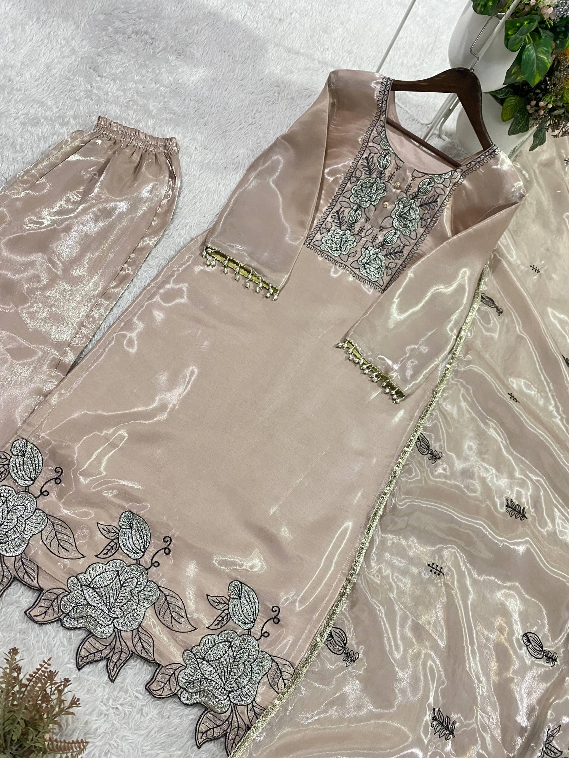 Designer Jimmy Choo Silk Embroidered Suit Set with Dupatta | Indian Wedding Guest Dress