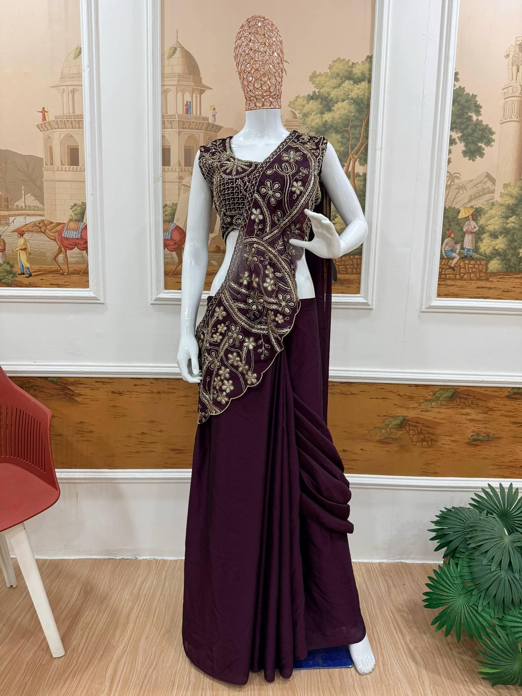 Ready-to-Wear Green Rangoli Silk Drape Saree with Sequins Work Blouse