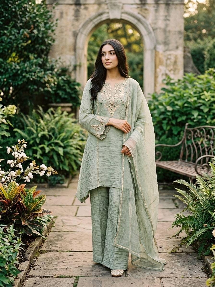 Designer Salsa Silk Sage Green Embroidery Coding & Stone Work Sharara Suit Set Custom Stitched