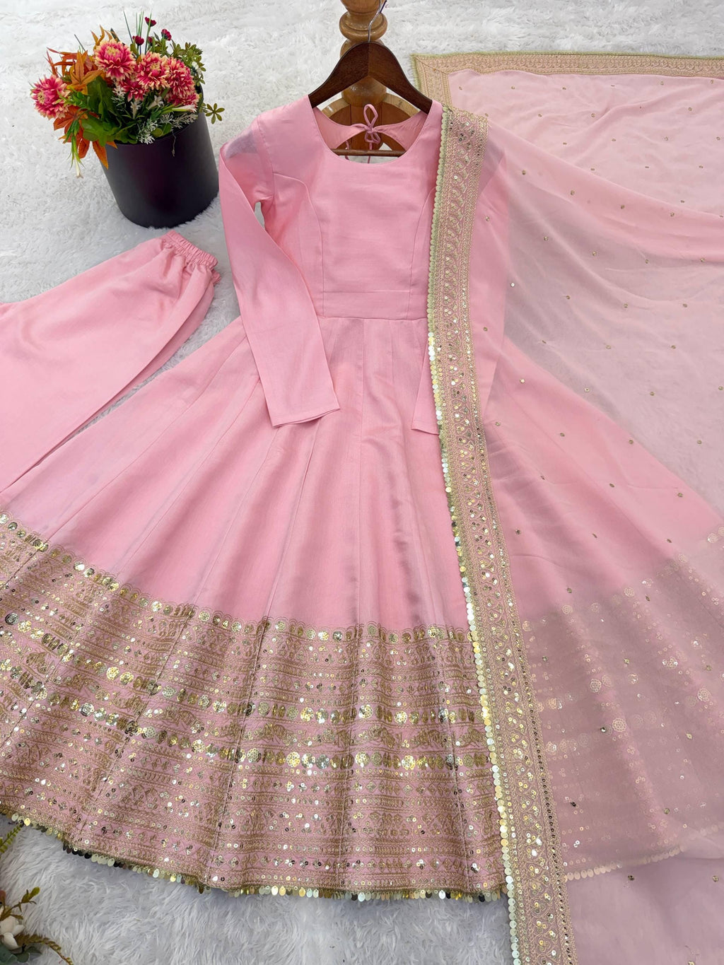 White Georgette Aliya Cut Gown with Dupatta – Embroidered Party Wear Ensemble